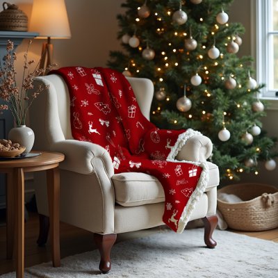 Červená vianočná deka s baránkom