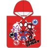 Detské kúpace pončo Spidey – motív Tím malých hrdinov. Vyrobené zo 100 % bavlny s gramážou 300 g/m², rozmery 50 × 115 cm. Červené pončo s kapucňou zdobia postavičky Spideyho, Ghost-Spider a Milesa Moralesa, známe z animovaného seriálu Spidey a jeho úžasní priatelia. Vhodné pre deti od 3 do 6 rokov.