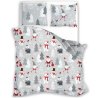 Obojstranná vianočná súprava posteľných obliečok s motívom Santov, snehuliakov, ľadových medveďov a škriatkov na sivom podklade so zasneženým lesom, zatiaľ čo na druhej strane je len motív lesa. Obliečky sú vyrobené zo 100 % bavlny, balenie obsahuje 1× obliečku na prikrývku 140×200 cm a 1× obliečku na vankúš 70×90 cm (±3 %), zapínanie je na zips.