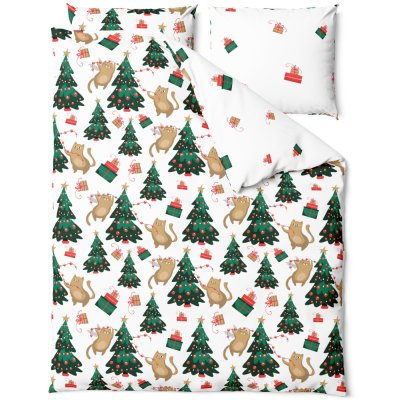 Vianočné saténové posteľné obliečky – Mačacie Vianoce