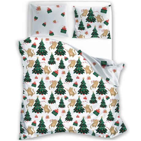 Vianočné saténové posteľné obliečky – Mačacie Vianoce