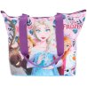 Plážová taška Frozen s obrázkom priateľov z Ľadového kráľovstva. Má jednu hlavnú priehradku s malým vnútorným vreckom, obe so zapínaním na zips, a dve pevné ušká na nosenie cez plece alebo v ruke.