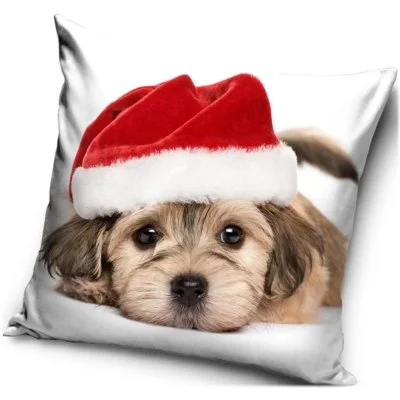 Vianočný obliečka na vankúš Šteniatko s červenou čiapkou