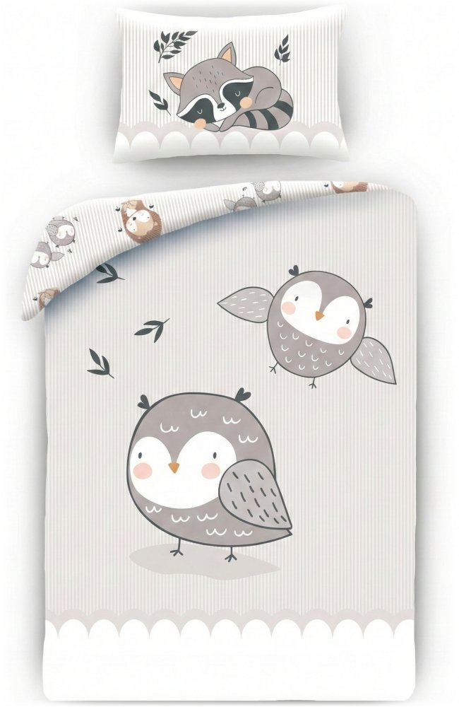 Halantex · Obliečky do detskej postieľky so Sovičkami a Mývalom - 100% bavlna - 40x60 cm + 100x135 cm