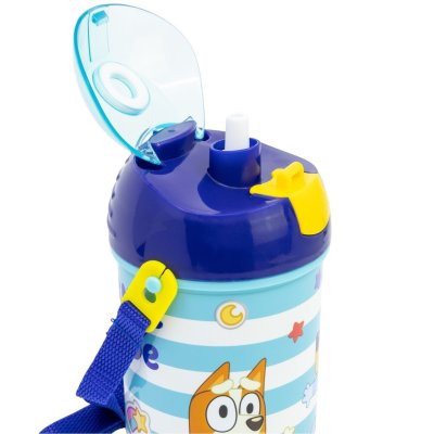Plastová fľaša na pitie so slamkou, viečkom a popruhom Bluey