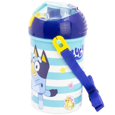 Plastová fľaša na pitie so slamkou, viečkom a popruhom Bluey