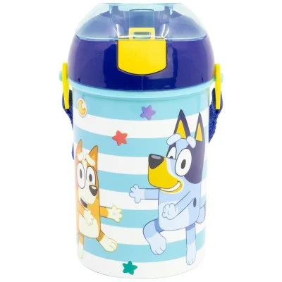 Plastová fľaša na pitie so slamkou, viečkom a popruhom Bluey