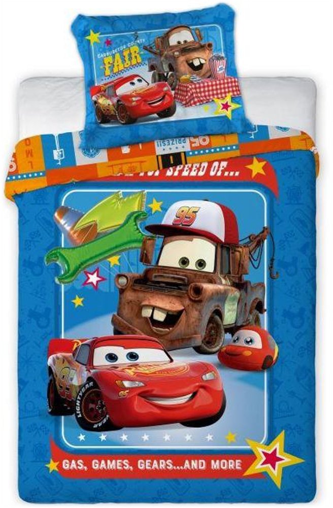 Faro · Bavlnené obliečky do detskej postieľky Autá – motív McQueen a Burák - 100% bavlna - 100×135 cm + 40×60 cm