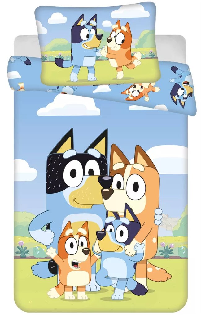 Jerry Fabrics · Obliečky do detskej postieľky Bluey - motív Šťastná rodinka - 100% bavlna - 100x135 cm + 40x60 cm