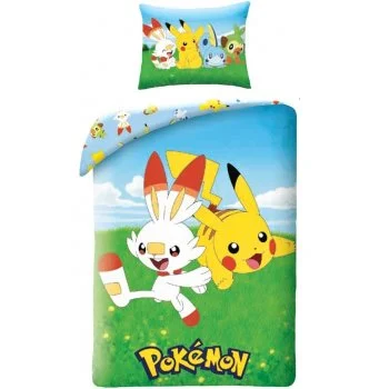 Bavlnené posteľné obliečky Pokémoni - Scorbunny a Pikachu